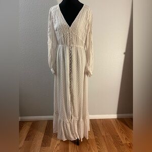 lovestitch Cream Swiss Dot V‑Neck Button‑Front Maxi Dress